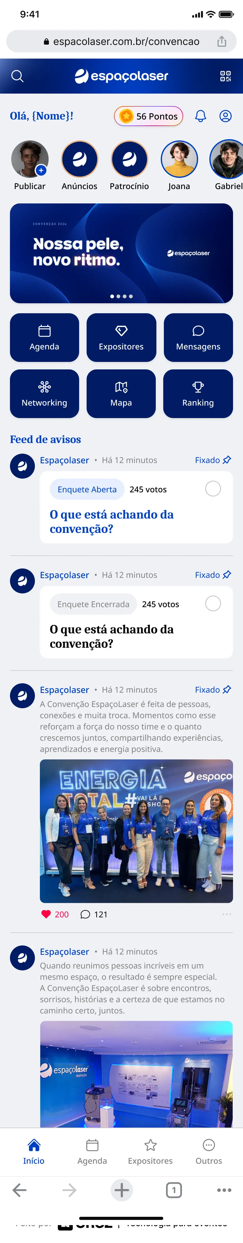 Tela inicial do aplicativo com pontos, agenda e feed de avisos