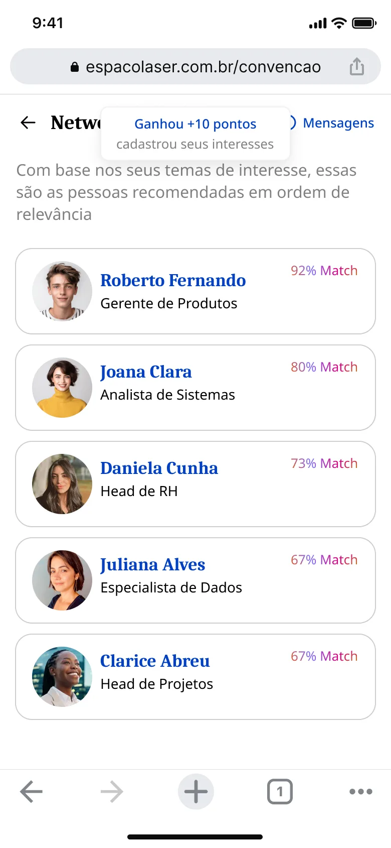 Recomendações de networking por porcentagem de match